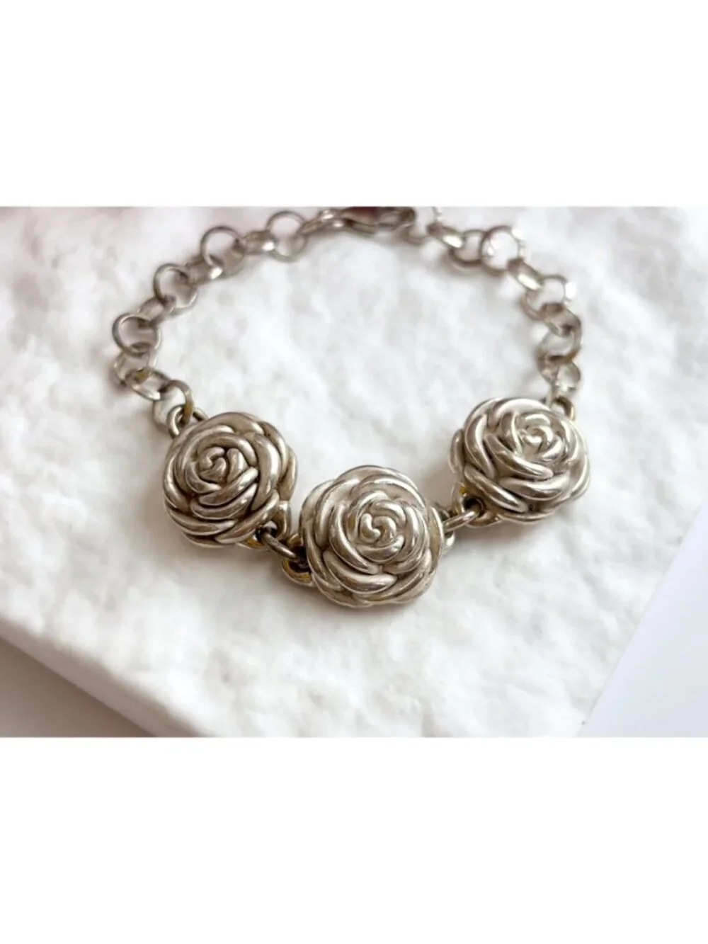 Triple Blooming Rosebud Floral Vintage Sterling Silver 925 Bracelet - 7.5